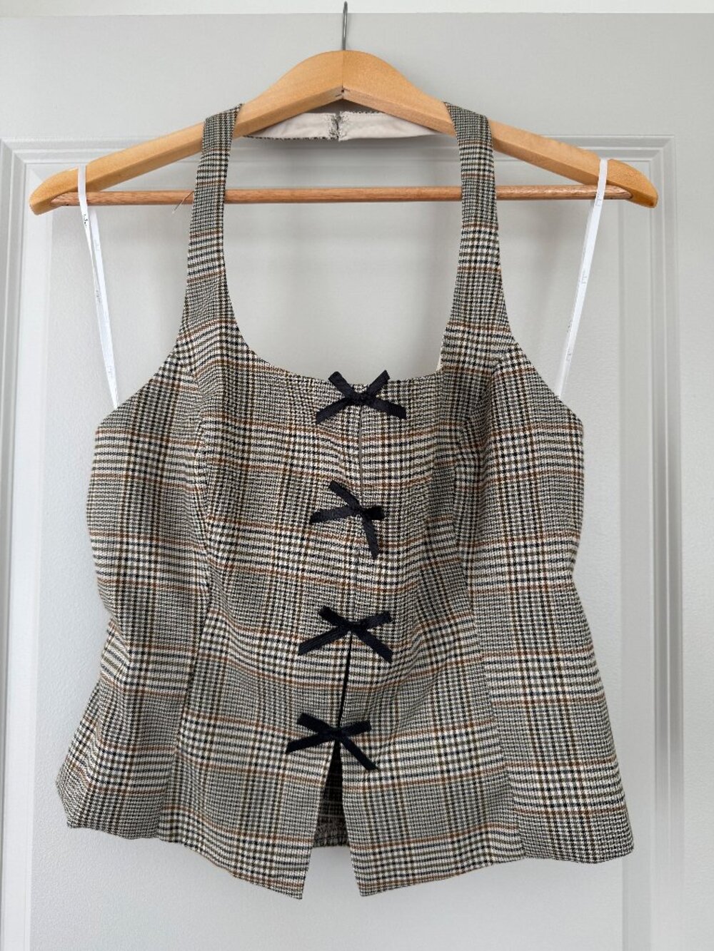 Lulus Beige, Brown, and Black Plaid Bow Front Halter Top